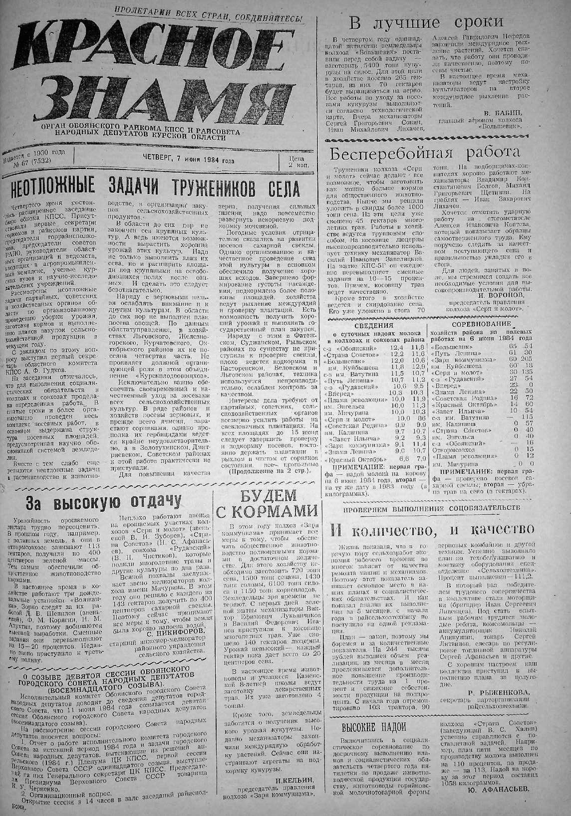 07.04.1984 НОВОСТИ ОДНОГО ДНЯ из жизни  Обоянского района 60 и 40 лет назад….